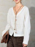 Pure Linen V Neck Cropped Shirt_CWTSTL01384