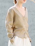 Pure Linen V Neck Cropped Shirt_CWTSTL01384