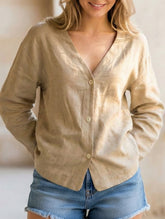 Pure Linen V Neck Cropped Shirt_CWTSTL01384