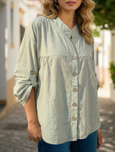 Loose V-neck pleated shirt for women_CWTSTL01392