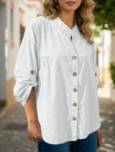 Loose V-neck pleated shirt for women_CWTSTL01392