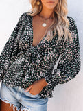 Floral print V-neck tie-waist blouse