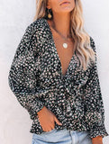 Floral print V-neck tie-waist blouse