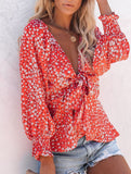 Floral print V-neck tie-waist blouse