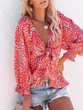 Floral print V-neck tie-waist blouse