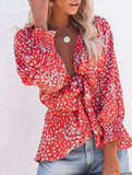 Floral print V-neck tie-waist blouse