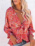 Floral print V-neck tie-waist blouse