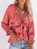 Floral print V-neck tie-waist blouse
