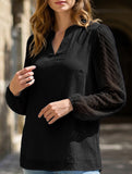 Solid V Neck Lace Patch Chiffon Blouse
