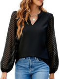 Solid V Neck Lace Patch Chiffon Blouse
