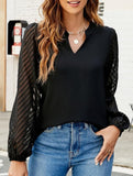 Solid V Neck Lace Patch Chiffon Blouse