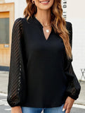 Solid V Neck Lace Patch Chiffon Blouse