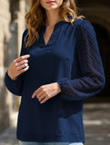 Solid V Neck Lace Patch Chiffon Blouse