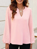 Solid V Neck Lace Patch Chiffon Blouse