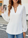 Solid V Neck Lace Patch Chiffon Blouse