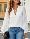 Solid V Neck Lace Patch Chiffon Blouse