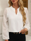 Solid V Neck Lace Patch Chiffon Blouse