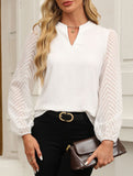 Solid V Neck Lace Patch Chiffon Blouse