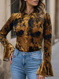 Printed Flare Sleeve Vintage Velvet Shirt