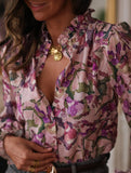 3D Floral Print V Neck Loose Shirt