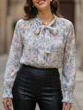 Floral V Neck Tie Long Sleeve Shirt