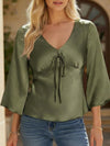 Solid V Neck Pullover Blouse