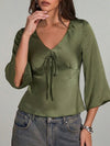 Solid V Neck Pullover Blouse