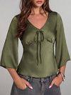 Solid V Neck Pullover Blouse