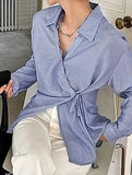 Blue Tie Waist Long Sleeve Shirt
