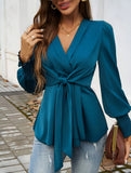 Deep V Tie Waist Lantern Sleeve Shirt
