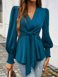 Deep V Tie Waist Lantern Sleeve Shirt