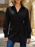 Lapel Button Tie Waist Slim Shirt