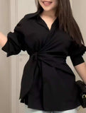 Lapel Button Tie Waist Slim Shirt