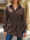 Lapel Button Tie Waist Slim Shirt
