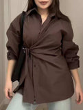 Lapel Button Tie Waist Slim Shirt