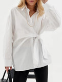 Lapel Button Tie Waist Slim Shirt