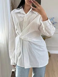 Lapel Button Tie Waist Slim Shirt