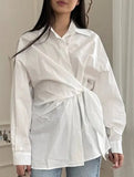 Lapel Button Tie Waist Slim Shirt