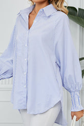 CUFF DRAW PLEATED LOOSE STRIPE COLLAR SHIRTS