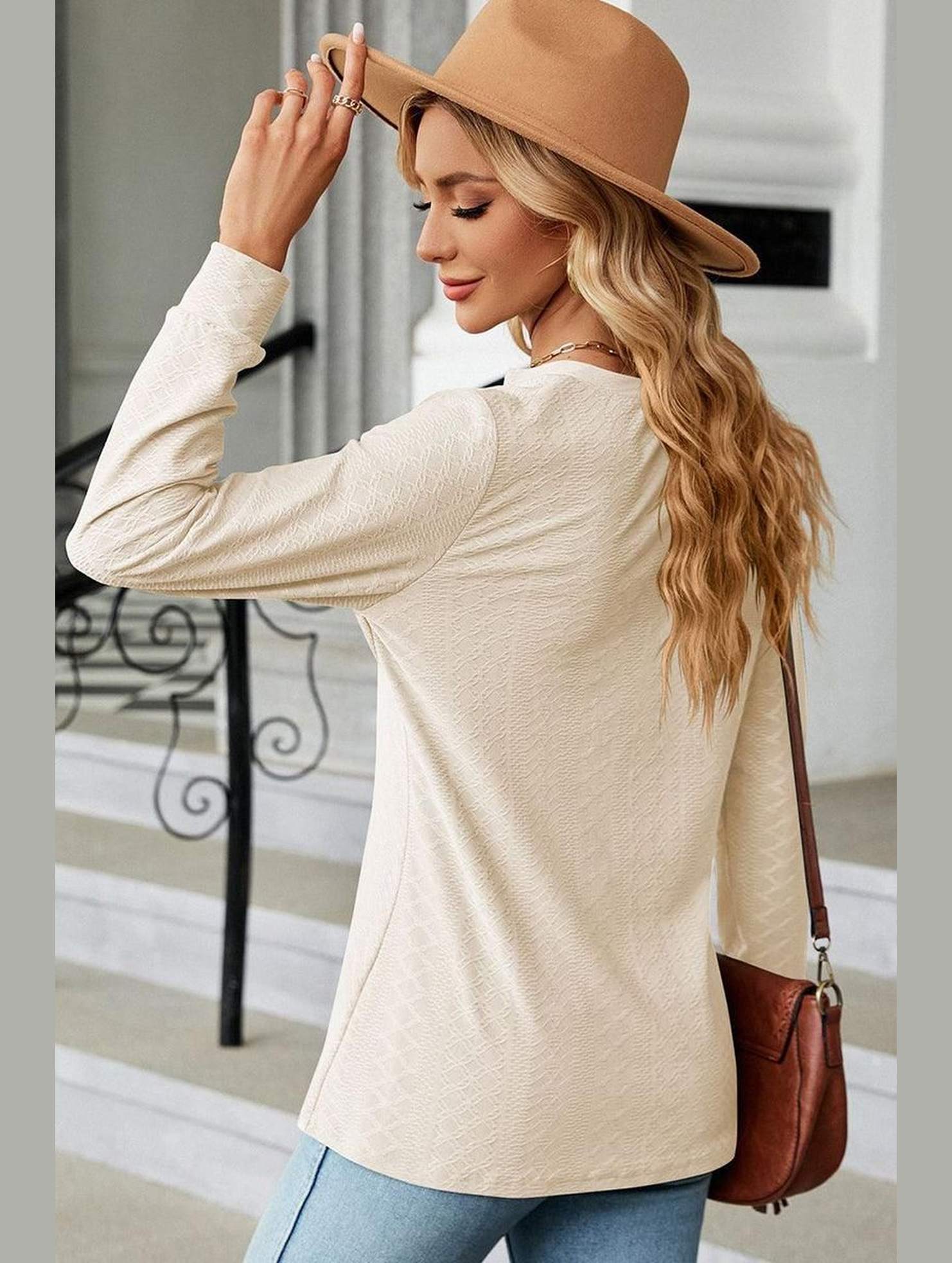 WOMEN V NECK BUTTON JACQUARD LOOSE FIT TOP - Doublju