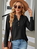 WOMEN V NECK BUTTON JACQUARD LOOSE FIT TOP - Doublju