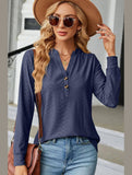 WOMEN V NECK BUTTON JACQUARD LOOSE FIT TOP - Doublju