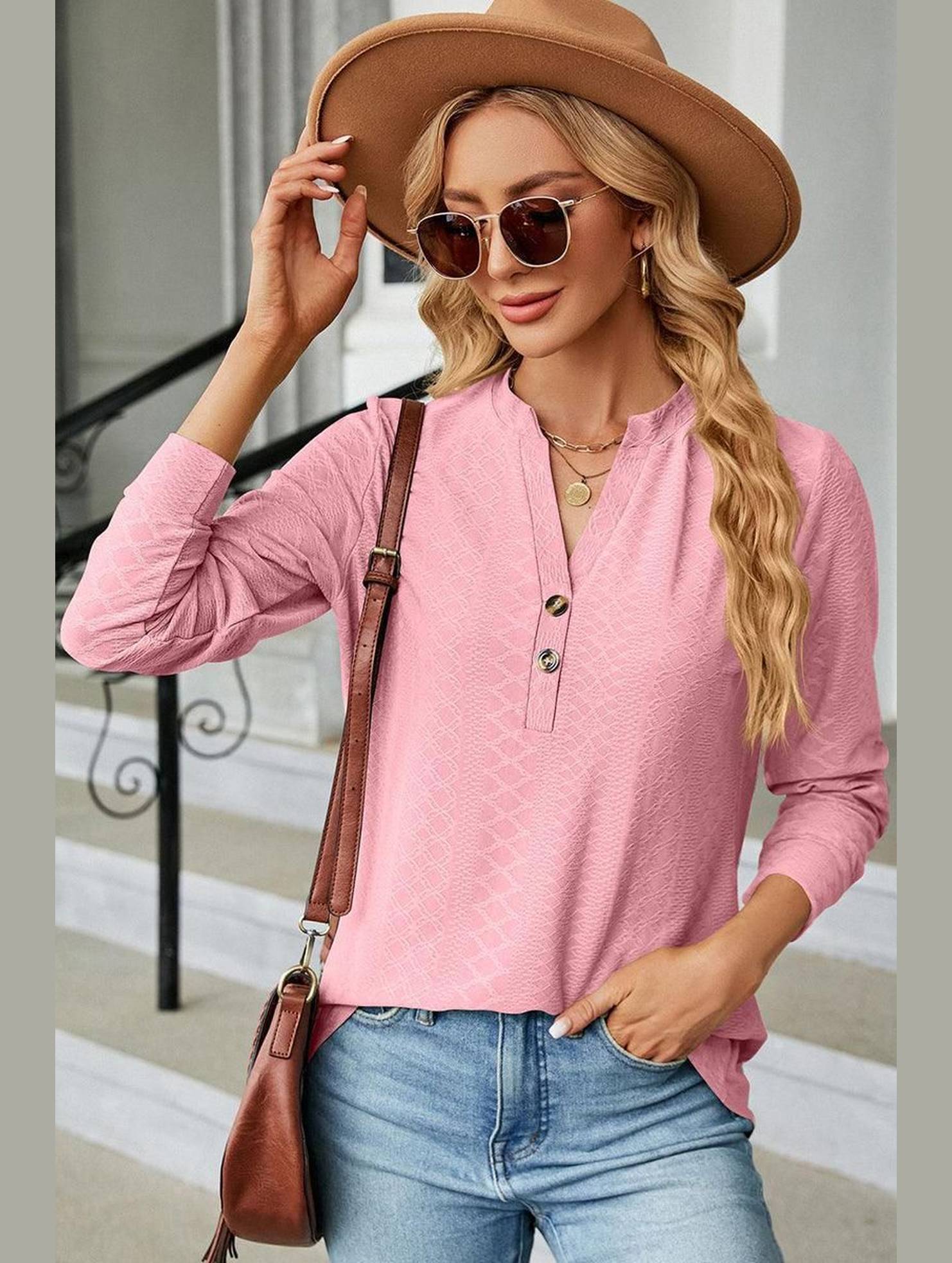 WOMEN V NECK BUTTON JACQUARD LOOSE FIT TOP - Doublju