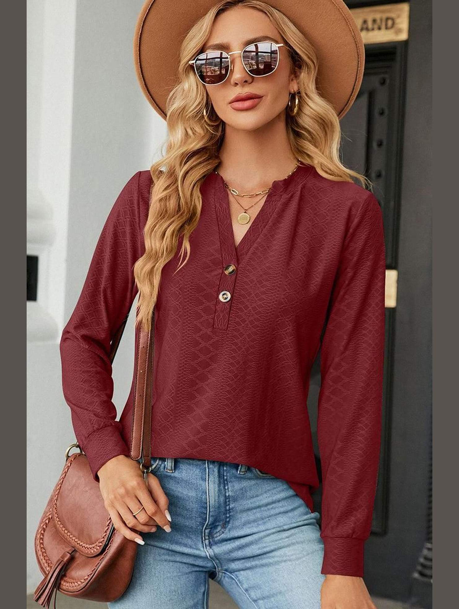 WOMEN V NECK BUTTON JACQUARD LOOSE FIT TOP - Doublju