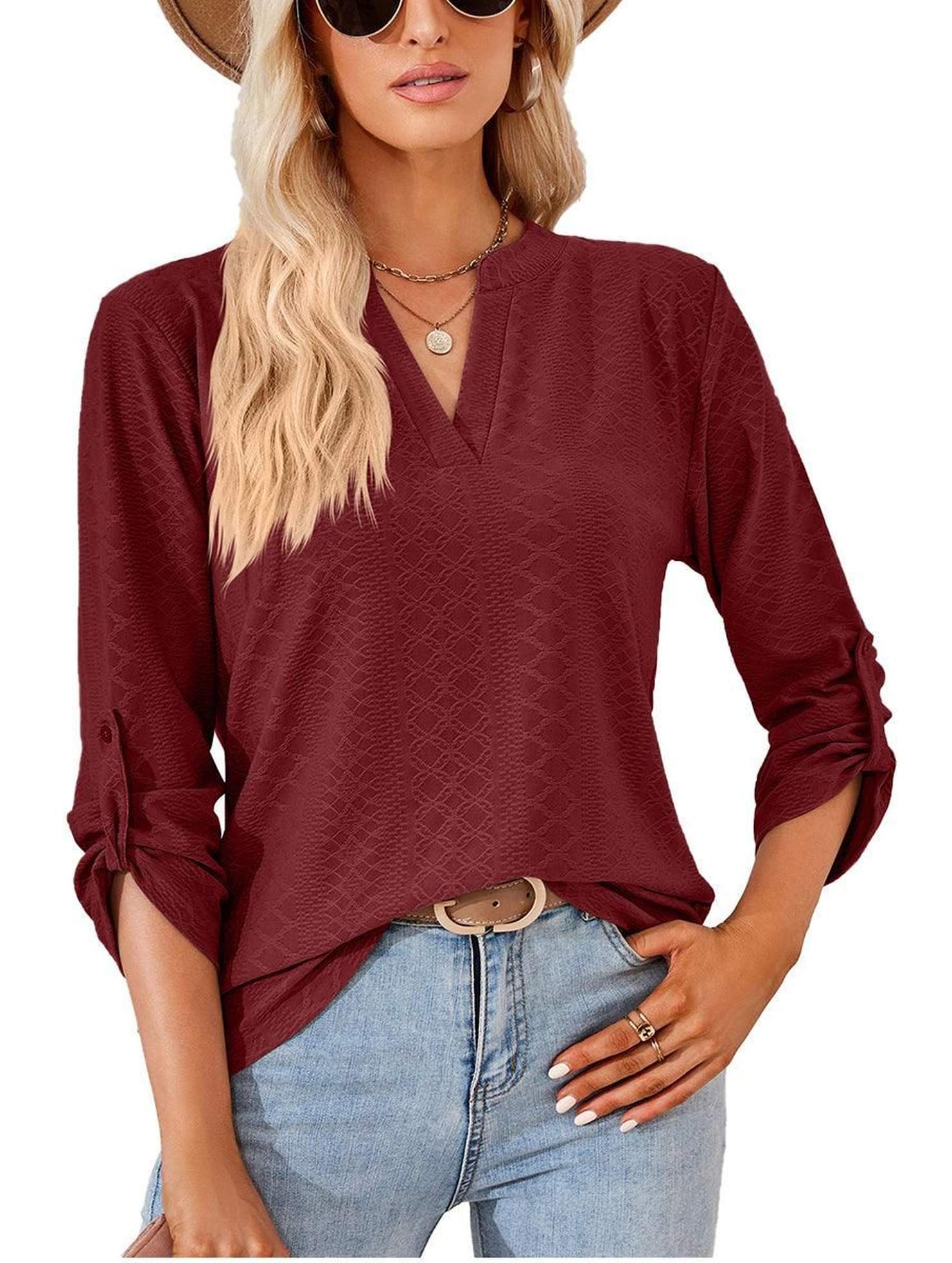THREE QUARTER SLEEVE V NECK TOP - Doublju