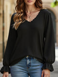 WOMEN LACE TRIM NECK EYELET LONG SLEEVE SHIRT TOP