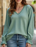 WOMEN LACE TRIM NECK EYELET LONG SLEEVE SHIRT TOP