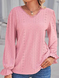 WOMEN LACE TRIM NECK EYELET LONG SLEEVE SHIRT TOP