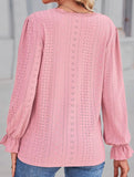 WOMEN LACE TRIM NECK EYELET LONG SLEEVE SHIRT TOP