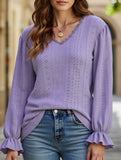 WOMEN LACE TRIM NECK EYELET LONG SLEEVE SHIRT TOP
